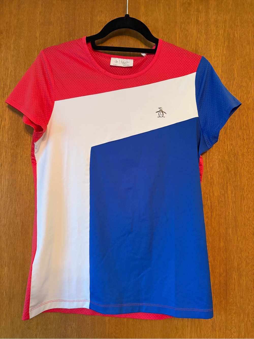 Penguin red, white, and blue women’s athletic shirt, medium